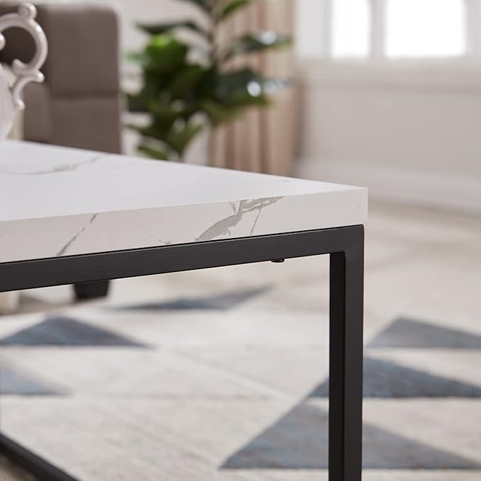 CENSI 30"x30" Marble Accent Coffee Table Ottoman for Living Room, Modern Industrial Style, 1.2" Extra Thick Tabletop (White Marble)