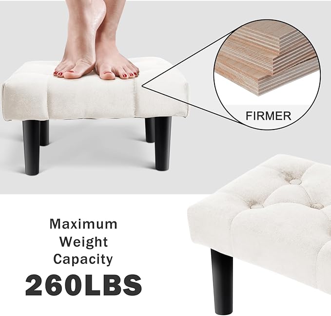 HOUCHICS Small Footstool Ottoman,Velvet Soft Footrest Ottoman with Wood Legs,Sofa Footrest Extra Seating for Living Room Entryway Office(White 1PACK)