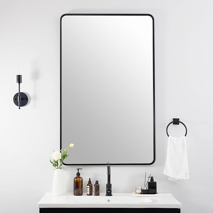 ANDY STAR 48X32 Inch Black Bathroom Mirror, Black Bathroom Vanity Mirrors for Wall, Rounded Rectangle Mirror for Bathroom, Seamless Tube Metal Frame, 1’’ Deep Wall Mounted Vertical/Horizontal