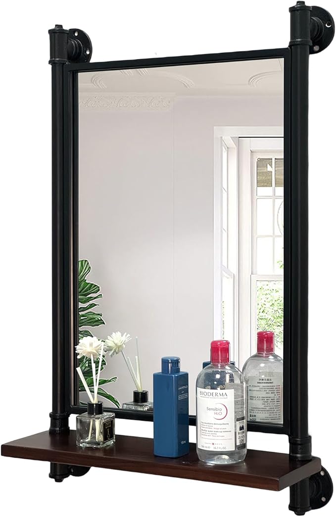 Industrial Pipe Mirror Wood Shelves,Bedroom Mirror with Shelf,Rectangle Iron Wall Mirrors for Living Room Bedroom(29.5x19.68)