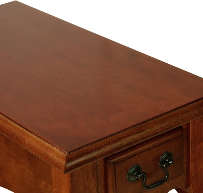 Leick Home Side Table, One Drawer, French Cabriole Leg, Shelf, Solid Poplar, Brown Cherry Finish, 12.5 in W x 23.5 in D x 24 in H, 9018-BR