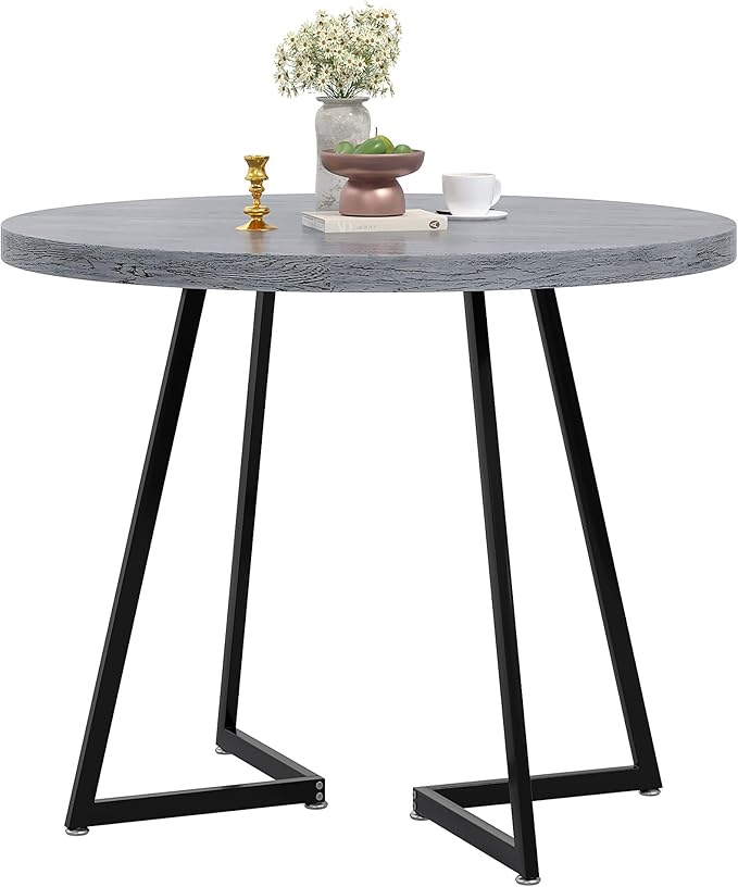 VECELO 35" Round Dining Table for 4, Wood-Grain Tabletop & Heavy-Duty Steel Frame, for Kitchen, Living Room, Easy Assembly, Light Grey