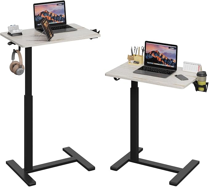 Gas Spring Adjustable Height Rolling Portable Laptop Desk, Mobile Standing Desk on Wheels, Small Sit Stand Desk with Laptop Stand/Cup Holder/Hook (Oak Top + Black Frame, 26"x19")