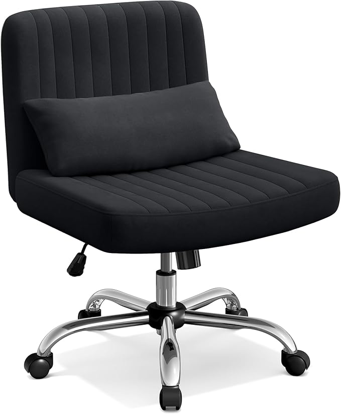 Warmiehomy Criss Cross Office Chair with Wheels, Velvet Cross-Legged Desk Chairs for Home, Height Adjustable Swivel Wide Seat Computer Chair, Morden Vanity Chair for Women, Black