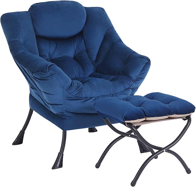Lazy Chair with Ottoman, Modern Accent Chair Lounge Leisure Sofa Chair with Armrests, Reading Chair and Folding Footstool for Living Room, Bedroom, Office, Royal Blue