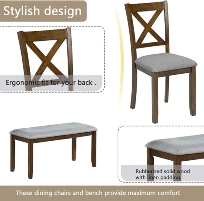 6-Piece Dining Table Set for 4-6 People, Kitchen Set with 4 Upholstered Chairs and One Bench, Living Room Chairs with X-Shape Backrest, Rectangular Wooden Table for Home Bar, Walnut