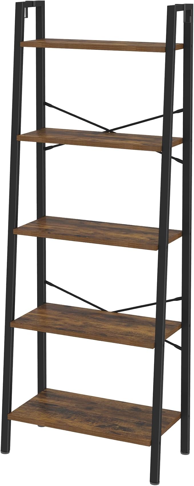 Ladder Shelf, Bookshelf Bookcase, Freestanding Corner Storage Shelve with 2 Hooks for Home Office, Living Room, Kitchen, Bedroom, Industrial, 5-Tier Rustic Brown BC19301B