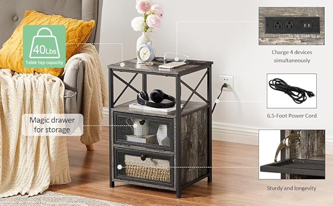 VECELO Oak Gray End Table with USB Ports and Outlets,24 Inch Nightstands with Charging Station and Storage Shelf for Bedroom,Living Room, 1 Set