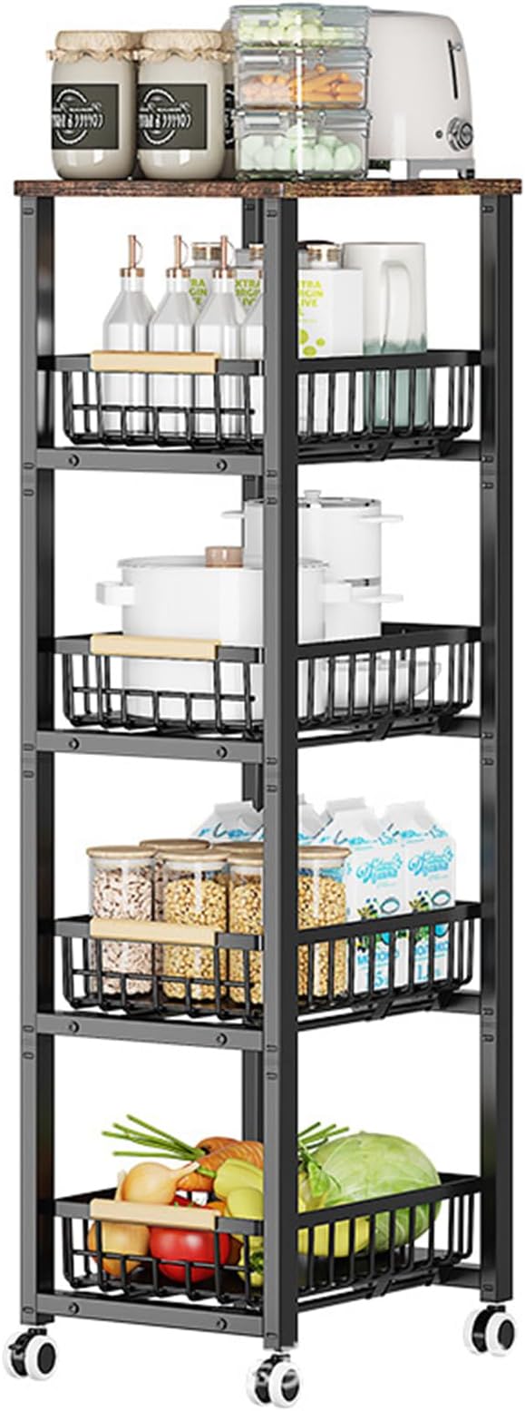 Kitchen Storage Cart Slim Rolling Cart On Wheels,5-Tier Skinny Kitchen Island Utility Organizer Storage Cart with Pull-Out Baskets and Wood Top,Mesh Fruit Basket Cart with Handle