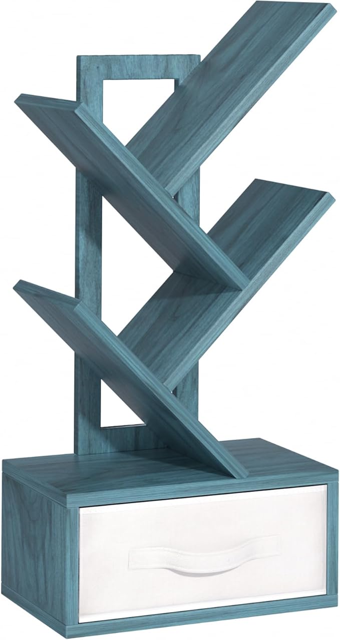Small Book Shelf with Drawer,4 Tier Black Tree Bookshelf,Blue Desktop Bookcase,Modern Desk Display Storage Bookshelves,Floor Standing Organizer Bookcases for Living Room,Bedroom,Office
