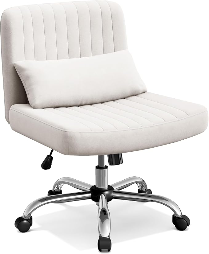 Warmiehomy Criss Cross Office Chair with Wheels, Velvet Cross-Legged Desk Chairs for Home, Height Adjustable Swivel Wide Seat Computer Chair, Modern Armless Vanity Chair for Girls Women, White