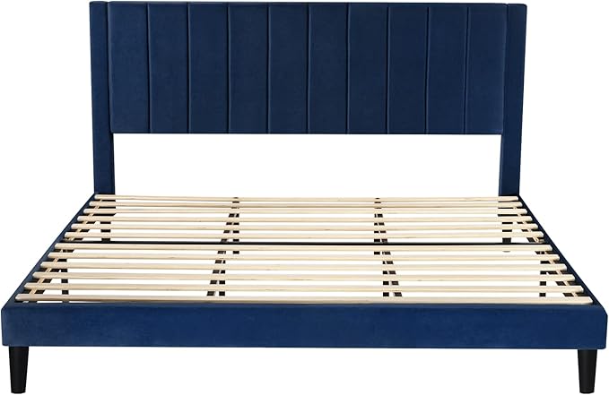 SHA CERLIN King Bed Frame/Velvet Upholstered Platform Bed Frame with Headboard/Strong Wood Slats Support/Mattress Foundation/No Box Spring Needed - Dark Blue