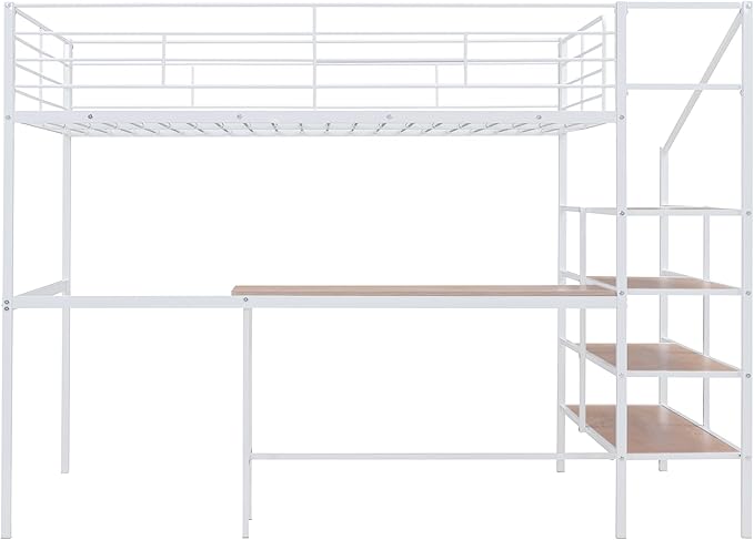 Full Size Metal Loft Bed with Desk and Lateral Storage Ladder,Modern Style Heavy-Duty Metal Frame for Kids Teens Adults Bedroom, Dorm,White