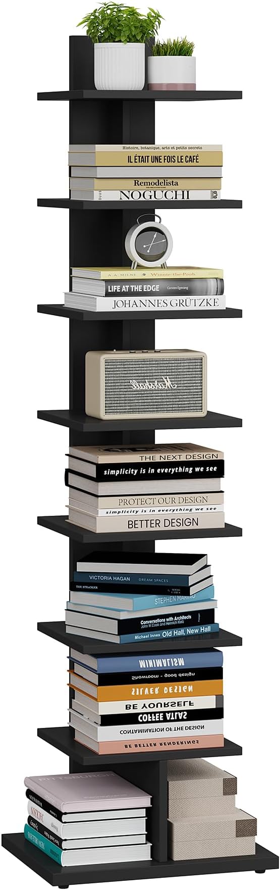 TUTOTAK Narrow Bookshelf, 8-Tier Bookcase, Spine Book Shelf for Small Space, Corner Standing Shelf for Living Room, Office, Study, Entryway, Black BS06BK008