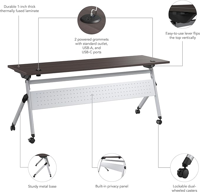 Bush Business Furniture Folding Training Table, 72 inch Desk with Powered Grommets, Commercial-Grade Bundle for Office or Classroom, Envision Collection, Gray