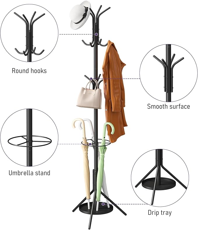 Coat Rack Freestanding,Entryway Hanger Stand,Umbrella Holder,Hall Tree With 12 Hooks, Floor Standing Metal Tree Stand,Black