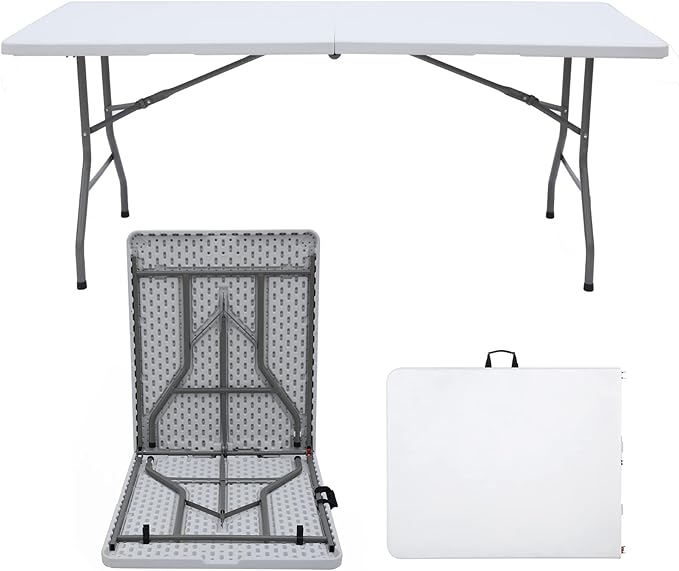 Folding Table 6 FT Lightweight Portable Plastic Fold-in-Half Utility Foldable Table suitable to hold large, Plastic Dining Indoor Outdoor for Camping, Picnic and Party, White(27.5"D ×70.8"W ×29.1"H)