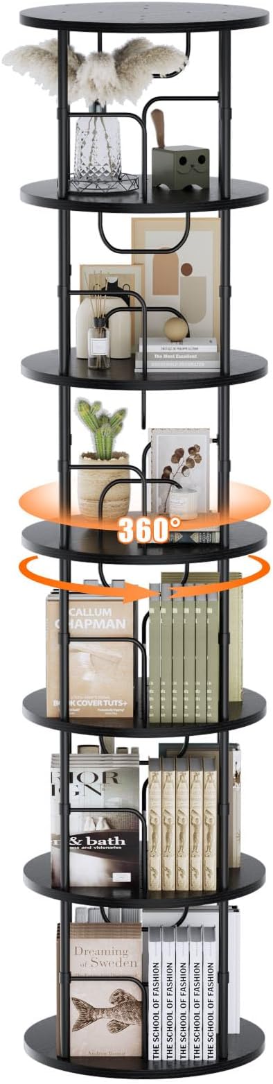 6 Tier Rotating Bookshelf, 360 ° Display Stackable Spinning Bookshelf Tower, Corner Bookshelf Tall Floor Standing Swivel Bookcase Narrow Storage Organizer for Bedroom, Living Room, Black