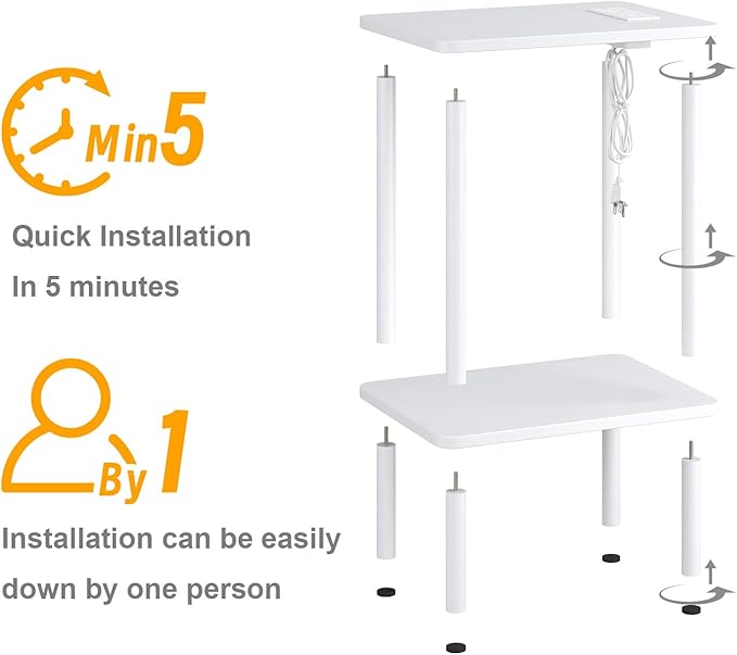 Apicizon 2 Tier End Table, Small Side Table with Charging Station, Boho Bedside Table with USB Ports and Outlets, Nightstand for Small Spaces, Bedroom, Living Room, Entryway, Easy Assembly, White