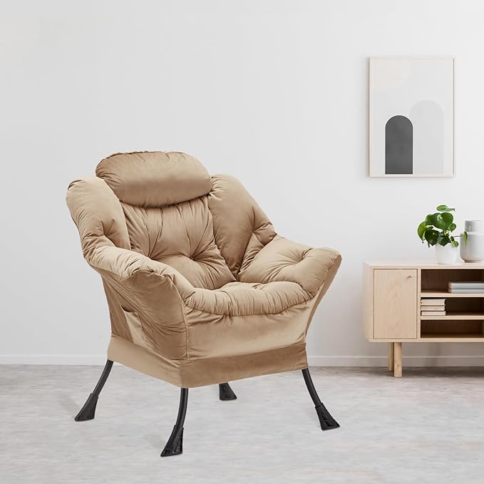 Lazy Chair Thick Padded, Comfy Velvet Accent Lounge Chair with Stable Frame, Leisure Sofa Armchair with Armrests and Side Pocket, Reading Chair for Bedroom, Living Room, Office, Khaki