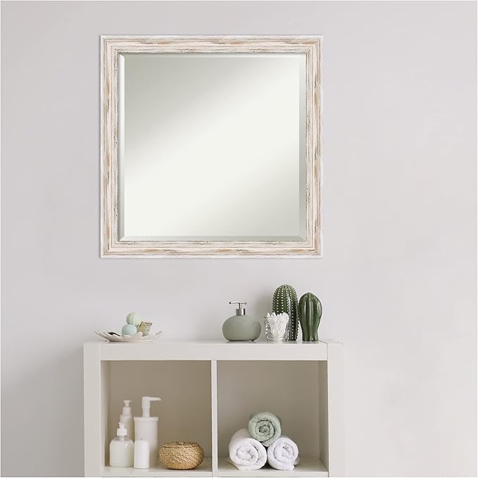 Amanti Art White Bathroom Mirror for Over Sink, 23x23 Alexandria White Wash Narrow Square Vanity Mirror, Medium Coastal Wood Frame, Hangs Horizonally and Vertically, Bathroom Wall Decor, Beveled Edge