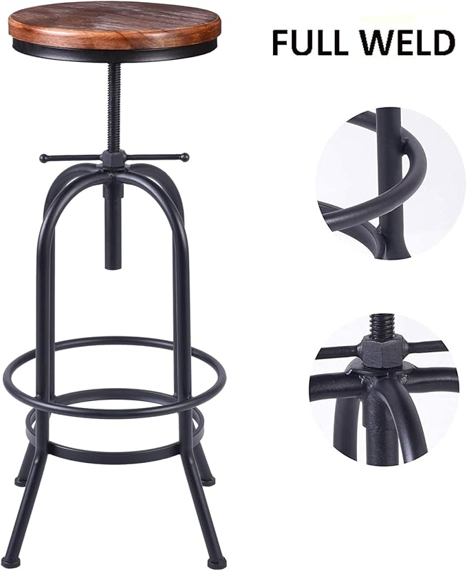 32 inch Vintage Industrial Bar Stool-Metal Wood Swivel Bar Stool-Retro Bar Height Stool-Counter Height Adjustable Kitchen Stools-Set of 2-Extra Tall Pub Height 26-32 Inch,Fully Welded(Black(2pcs))