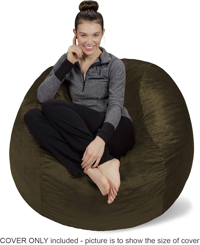 Sofa Sack Bean Bag Chair Cover Only, for Adults and Kids, Without Filling Comfy Fluffy Round or Oval Beanbag Chair Cover Replacement, Lazy Sofa Cover for Reading Chair or Floor Chair, 4-Feet, Olive