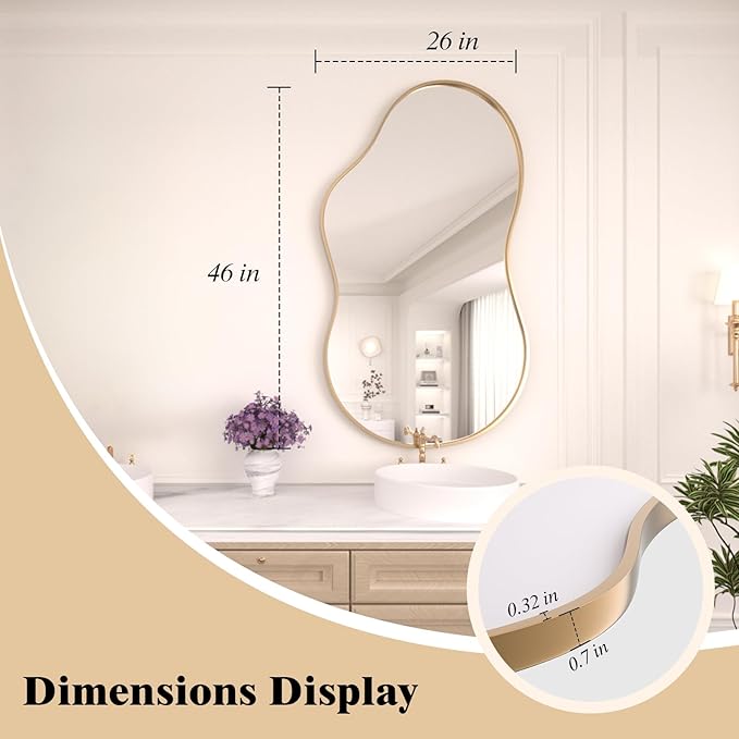 WEER Irregular Wall Mirror, 26x46 inch Gold Asymmetrical Mirror Wall Mounted Mirrors Decorative, Abstract Wavy Aluminum Alloy Frame Mirror for Bathroom, Bedroom, Living Room, Entryway