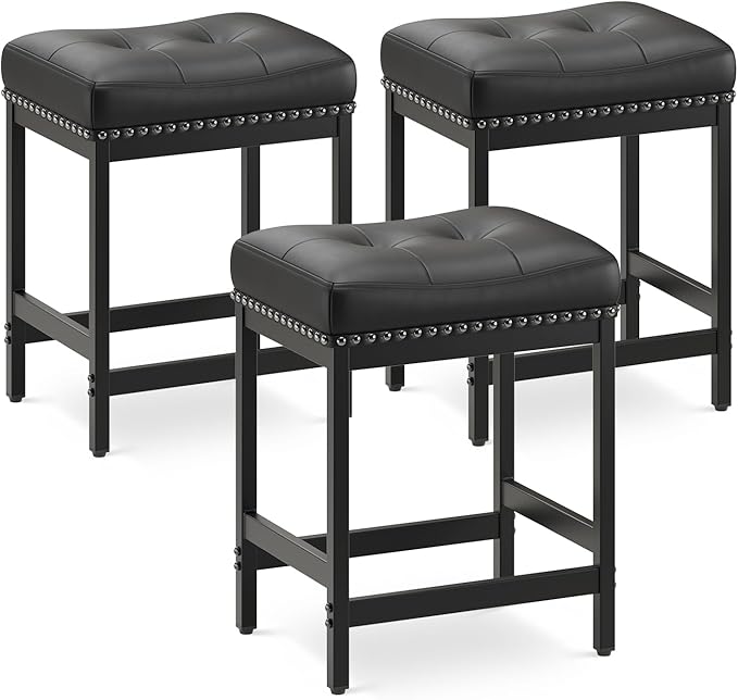 MALOL Set of 3 Saddle Bar Stools Counter Height 24.4”, Black Backless Barstools for Kitchen Island, Modern PU Leather Cushioned Seat, Bar Chairs for Kitchen Counter, Breakfast Bar Stools for Home