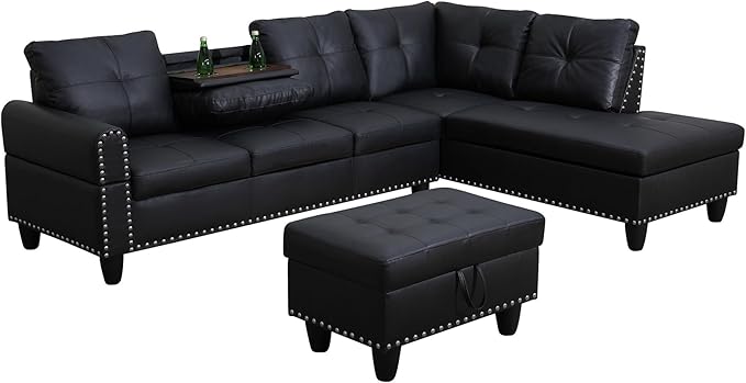 97.5" Oversized Sectional Couch, L Shaped Couch with Storage Ottoman, Modern Modular Sofa with Deep Seat, Sectional Couches for Living Room and Office, Black (Faux Leather)