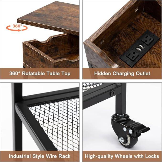 Hadulcet End Table with Charging Station, Couch End Tables Rotating Top Skinny Nightstand with Outlet for Living Room Bedroom Rustic Brown