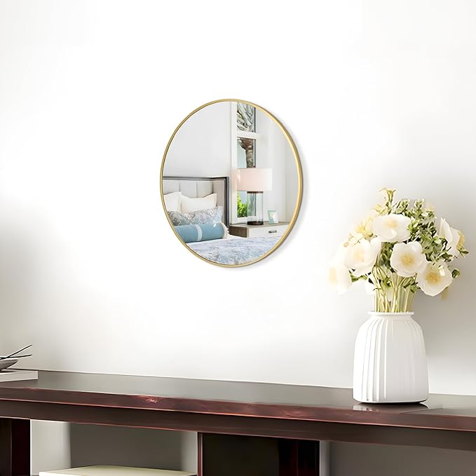 12 Inch Gold Round Bathroom Mirror Circle Wall Mirrors Brushed Metal Frame Anti-Rust Tempered Glass Mirror for Bathroom Bedroom Entryway Living Room