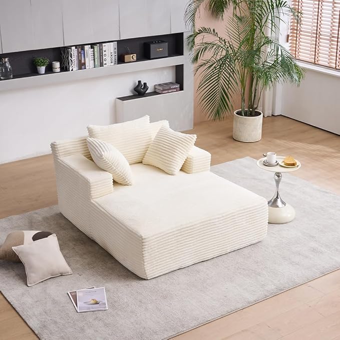 Oversized Chaise Daybed Lounge Sleeper Chair Sofa Bed Indoor, Fluffy Corduroy Upholstered Sleeper Recliner Sofabed Extra Wide Full Foam Cloud Sofabed W/3 Pillows for Home/Apartment Living Room Bedroom
