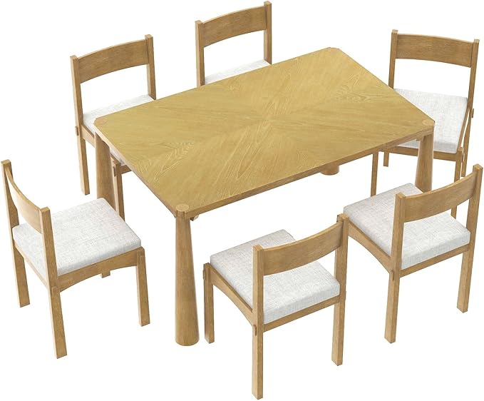 Dining Table with Chairs Set of 6, 7-Piece 60" Farmhouse Rectangular Dining Room Table with 6 Upholstered Solid Wood Chairs, Space Saving Kitchen Tables for Small Place, Natural Rubber Wood