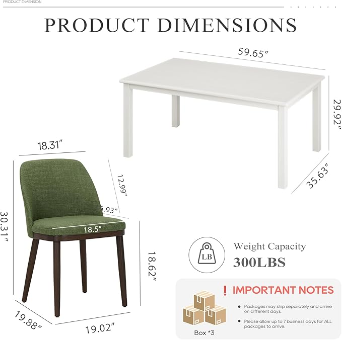 COLAMY 60 Inch Rectangular Kitchen Dining Table for 4, Modern Farmhouse Dining Table Set for 4, Wood Dining Table and Upholstered Dining Chairs for Kitchen, Dining Room, Restaurant, White/Green