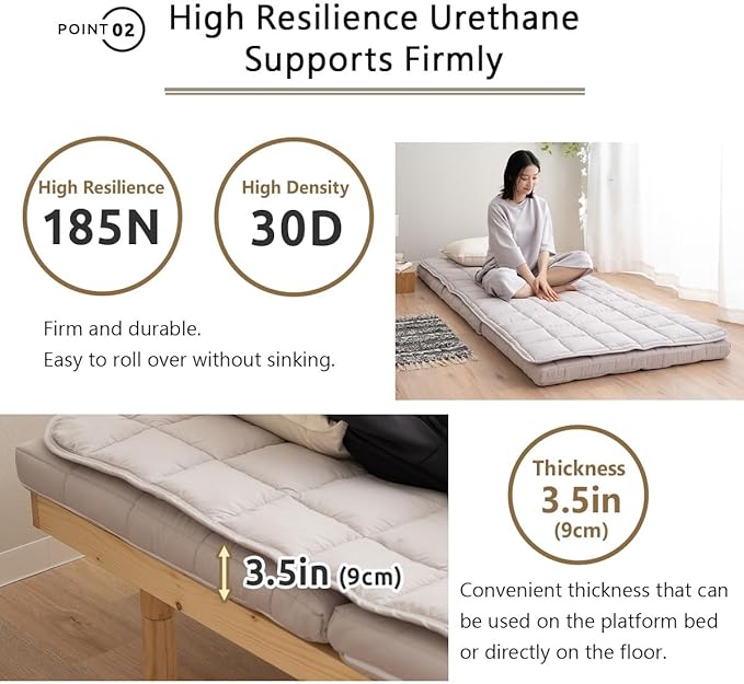 EMOOR Japanese Tri-fold Futon Mattress Machi with Mattress Pad Small-Twin Gray, Gusset Foldable Storable Washable Floor Sleeping Guest Bed Tatami Mat