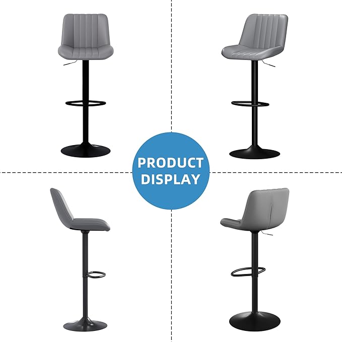 Shintenchi Swivel Bar Stools Set of 4, Adjustable Faux Leather Upholstered Swivel Counter Stools, Armless Bar Height Island Chairs with Back and Footrest, Gray