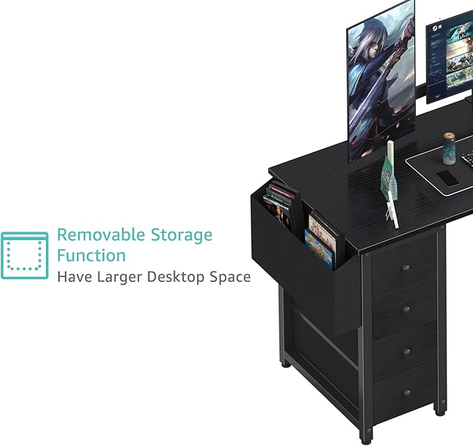 Lufeiya L Shaped Gaming Desk with Drawers & Storage Shelves, 55 Inch Corner Computer Desk with Power Outlet for Home Office Bedroom, L-Shaped Teen PC Desks with Fabric Drawer, Black