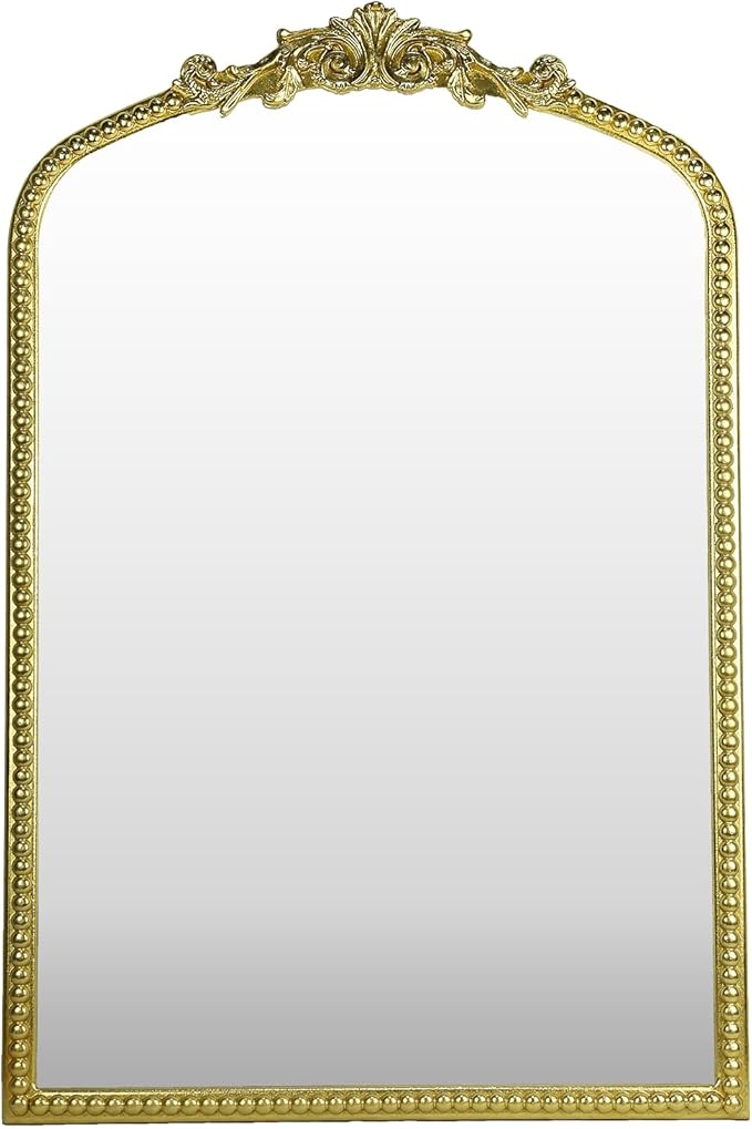 Gold Vintage Mirror, Arched Antique Mirror with Ornate Frame for Bathroom Wall, Living Room, Fireplace, 39.5x26 Inch.
