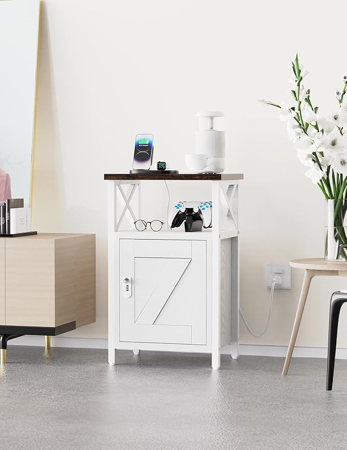 Wooden Nightstand with Lock, Bed Side Table with Drawers, Bedside Table with Charging Station, 3 USB & 2 Outlets, Night Stand with Storage, End Tables for Living Room, Bedroom, Dorm, Walnut