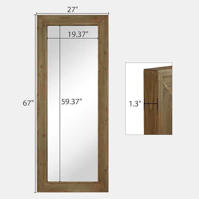 WallBeyond Full Length Mirror Rustic Wood Framed, 27 x 67 inch Farmhouse Wall Mounted Mirror Full Floor Mirror Hanging or Leaning Against Wall, Natural