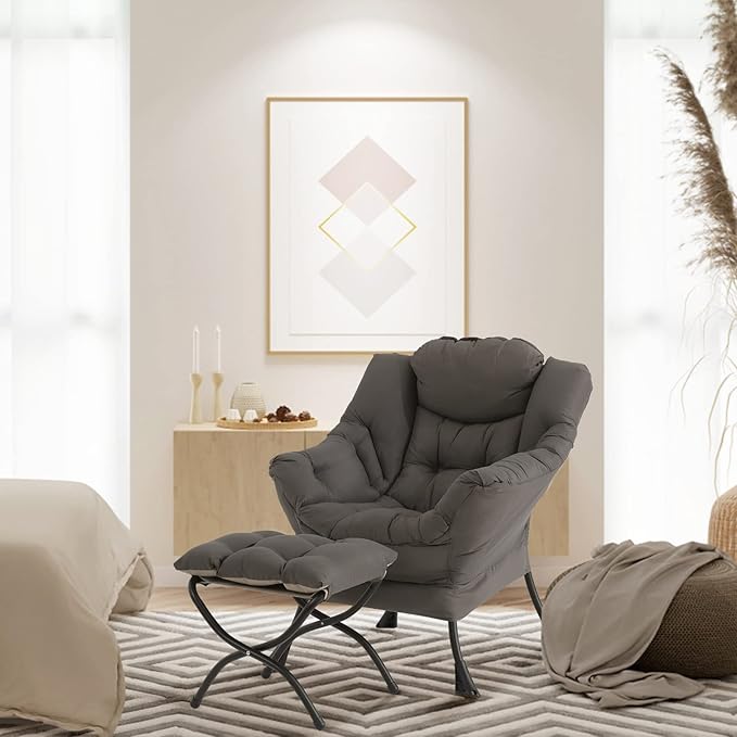 Lazy Chair with Ottoman, Modern Chair with Folding Footrest, Lounge Accent Chair, Comfortable Reading Chair, Oversized Armchairs for Bedroom, Study, Living Room, Courtyard (Dark Grey)
