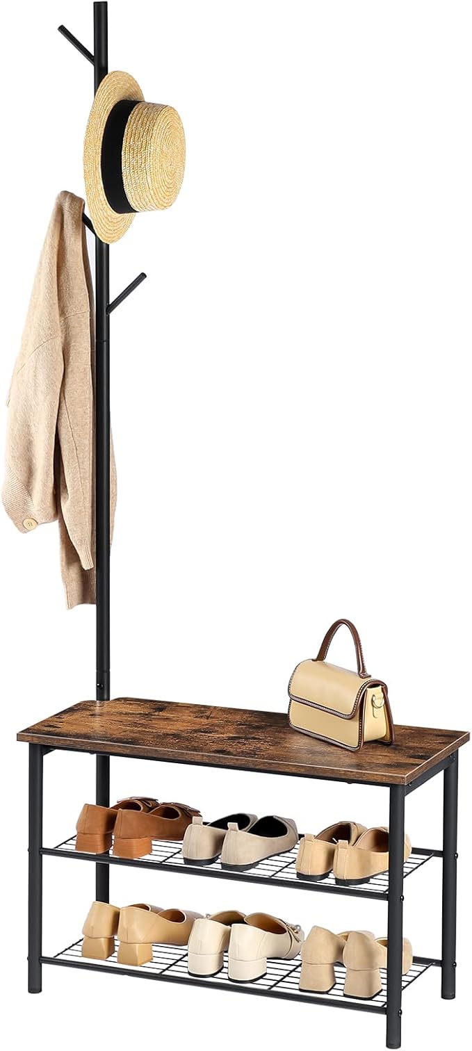 HOOBRO Coat Rack Shoe Bench, 3-Tier Shoe Rack, Industrial Shoe Organizer Storage Bench, Entry Bench with Mesh Shelves, for Entryway, Living Room, Hallway, Easy Assembly, Rustic Brown BF12HX01