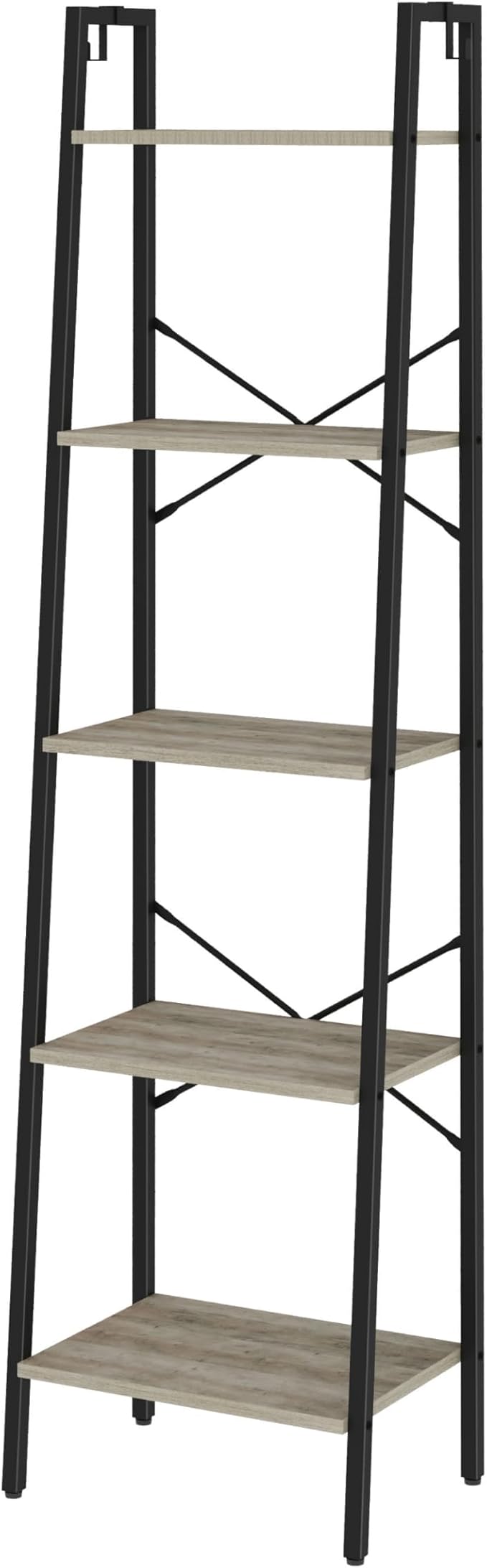 Ladder Shelf, Bookshelf Bookcase, Freestanding Corner Storage Shelve with 2 Hooks for Home Office, Living Room, Kitchen, Bedroom, Industrial, 5-Tier Greige BC19205B