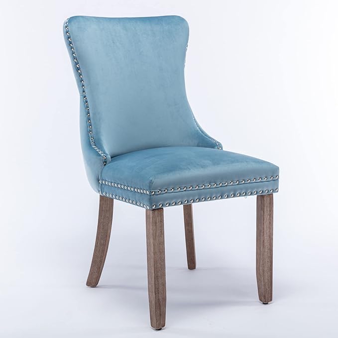 PacknWood Acosure Set of 2 Velvet Upholstered Wing-Back Dining Chair with Backstitching Nailhead Trim,Exquisite Furniture Stool W/Wood Legs,for Kitchen,Sitting Room,Light Blue