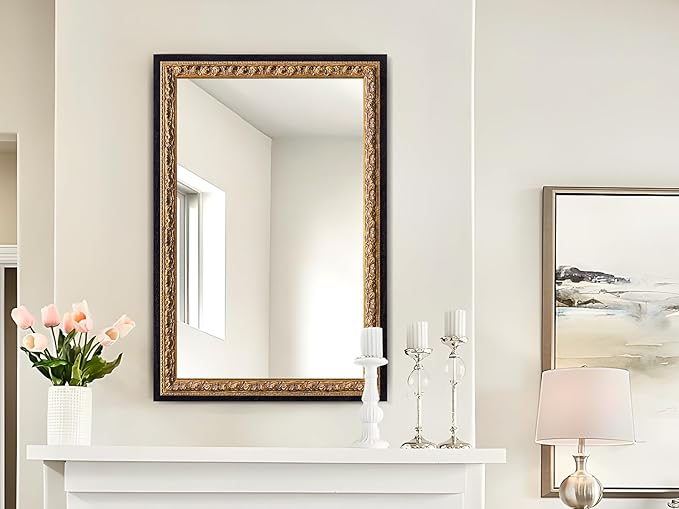 Gold Vintage Mirror 40”x28”, Black Gold Decorative Mirror with Gold Foil Flower Petal Carvings Wooden Frame for Luxe Living Room, Entryway, Bathroom and Bedroom