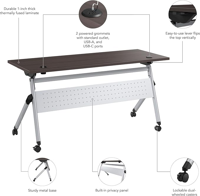 Bush Business Furniture Folding Training Table, 60 inch Desk with Powered Grommets, Commercial-Grade Bundle for Office or Classroom, Envision Collection, Gray
