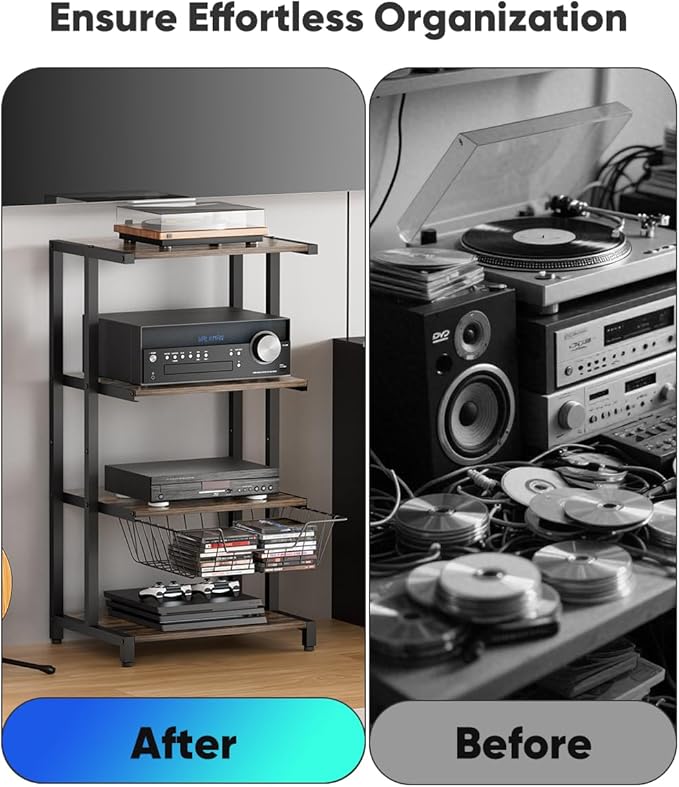 Media Stand with Detachable Baskets, 4-Tier AV Media Stand Corner Shelf for DVD Players/Cable Boxes/Games Consoles, Audio Storage Rack for Living Room, Gaming Room, Music Studio, Black
