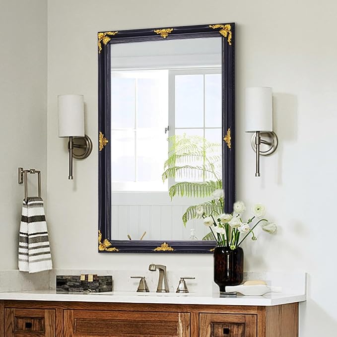 35" x 23" Large Antique Mirror, Black and Gold Modern Elegant Mirror with Victorian Wood Frame for Entryway Over Console, Bedroom, Dining Room
