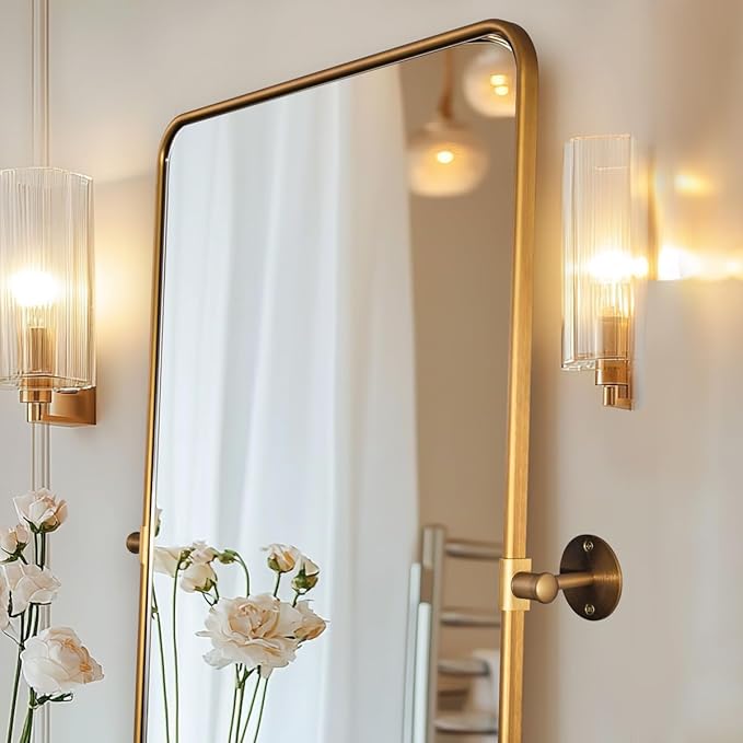 ANDY STAR Gold Pivot Mirror, 20" x 28" Brushed Brass Metal Frame Vanity Mirrors for Over Sink, Farmhouse Rectangle Bathroom Mirror with Adjustable Tilting Design Wall Mounted